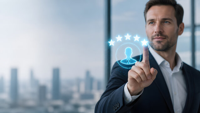 businessman touching five star rating hologram with person icon representing customer satisfaction and quality service