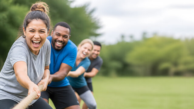 diverse team pulling rope together in tug of war game outdoors during team building event