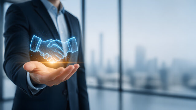 confident businessman holding glowing digital handshake hologram symbolizing partnership and trust in modern corporate office