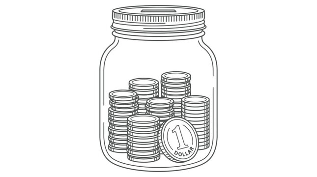 Money Savings Jar Full of Dollar Coins Vector Illustration: Financial Budgeting, Cash Investment, Wealth Accumulation, and Donation Concept Line Art