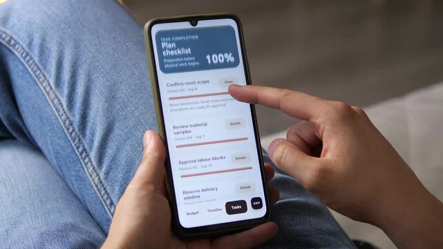 A homeowner navigates a renovation planning app with completed tasks and review steps, capturing the rise of digital home improvement management and organized project workflows.