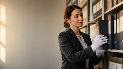Fototapeta premium Woman wearing white glove carefully retrieving archive binder from shelf inside organized document storage room