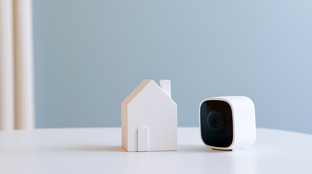 Modern wireless security camera next to a miniature white house model on a table, representing home protection and smart surveillance tech