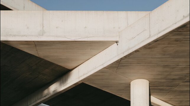 Concrete beams crossing in a diagonal lattice with a cold blue sky background, featuring raw textures and sharp shadows for architecture branding