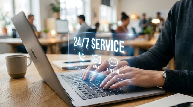 Professional worker using laptop with 24/7 service digital overlay in modern office environment