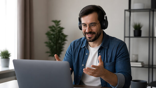 Businessman wearing headphone gesturing while talking during virtual video call meeting on laptop indoors today