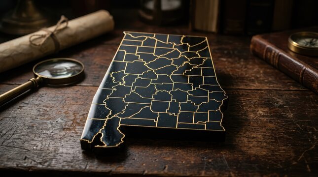 Black and gold alabama state map with county borders on a dark wooden desk surface