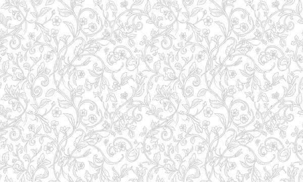 Seamless floral pattern with vintage scrollwork and delicate flowers
