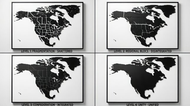 Four framed maps of north america showing political fragmentation to unified states levels