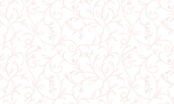 Seamless floral pattern with pink vines and leaves on a white background