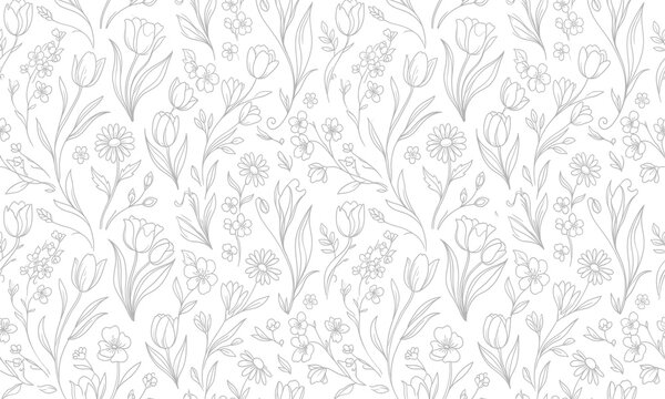 Seamless vector pattern with delicate outline flowers, tulips and daisies