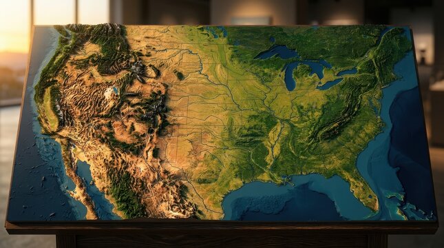 Three-dimensional relief map of the united states showing topography, rivers, and coastlines