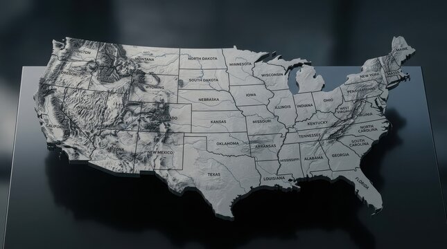 Three-dimensional relief map of the united states with state borders and topography
