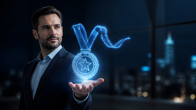 confident businessman holding glowing digital medal hologram with star and flowing ribbon in night city