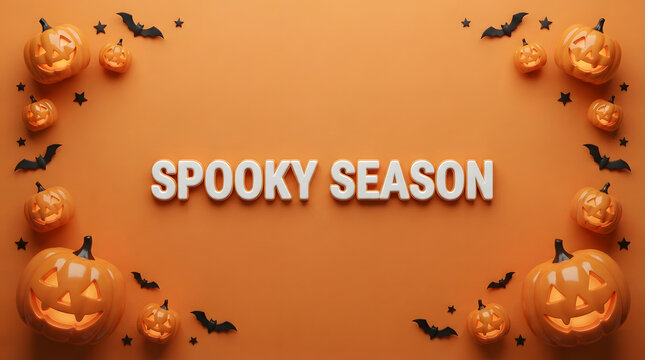 Halloween spooky season banner with flying bats and autumn pumpkin border on orange background