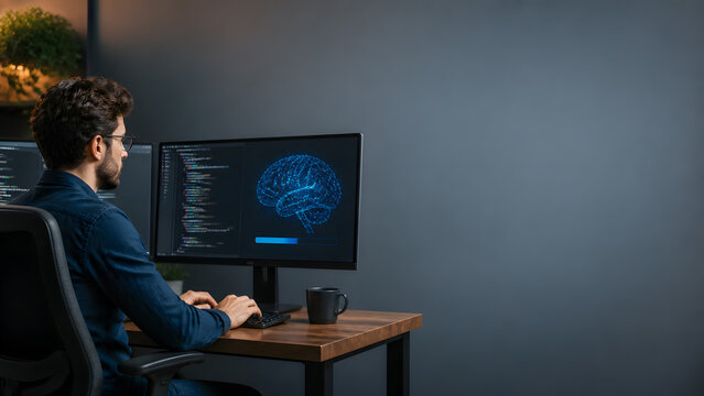 programmer working at desk with glowing brain graphic on computer monitor