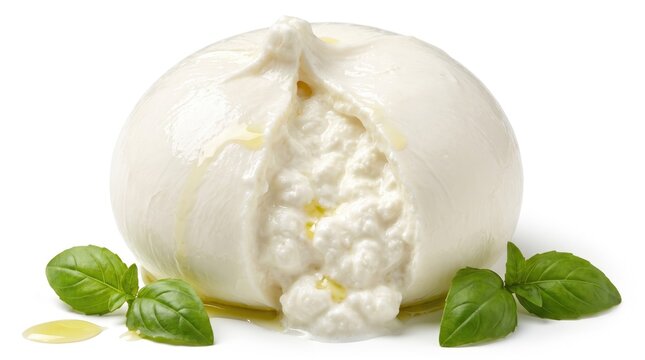 Fresh burrata cheese cut open revealing creamy stracciatella and mozzarella filling on white plate