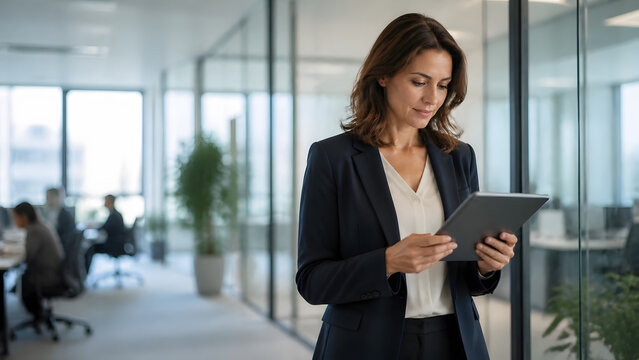 businesswoman using digital tablet while walking through modern office hallway