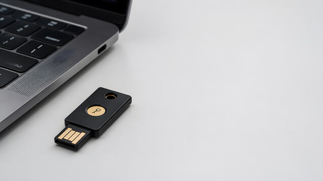 security key device plugged beside laptop keyboard on white desk