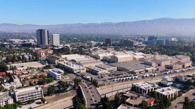 Aerial view of Warner Bros Studios sound stages in Burbank California