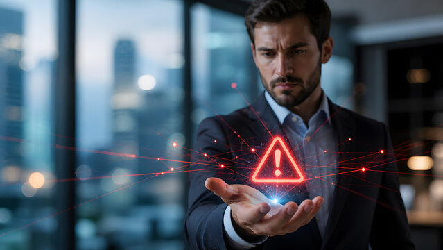 businessman holding glowing red warning triangle hologram exclamation alert connected to global network risk lines