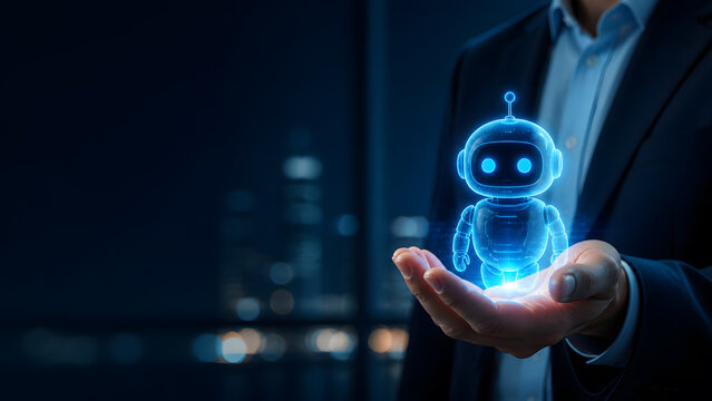businessman holding glowing blue robot hologram in open palm against plain dark night background closeup