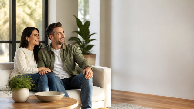 happy young couple sitting together on comfortable sofa smiling in cozy living room at home today