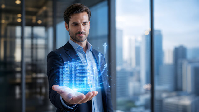 corporate businessman holding holographic office building model with rising growth arrows above open palm near window