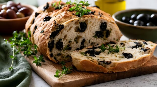 Freshly baked black olive bread loaf with herbs  sliced and served on wooden board with bowls of olives nearby