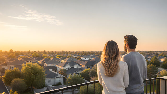 young couple standing together on balcony watching suburban neighborhood rooftop during golden evening sunset view