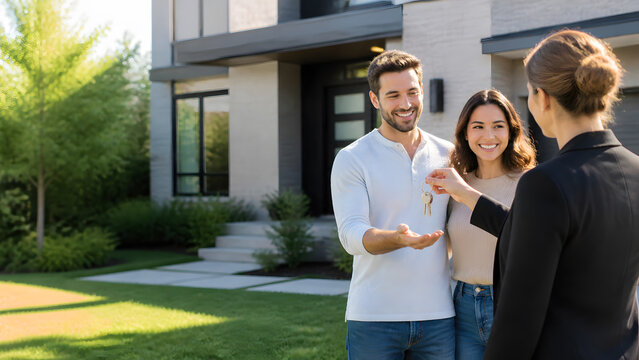 female real estate agent handing house key to smiling young couple in front of modern property