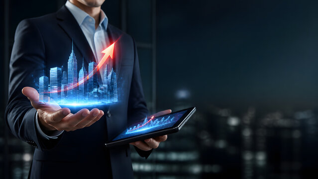 Businessman holding digital city skyline hologram with red arrow showing business growth and financial success