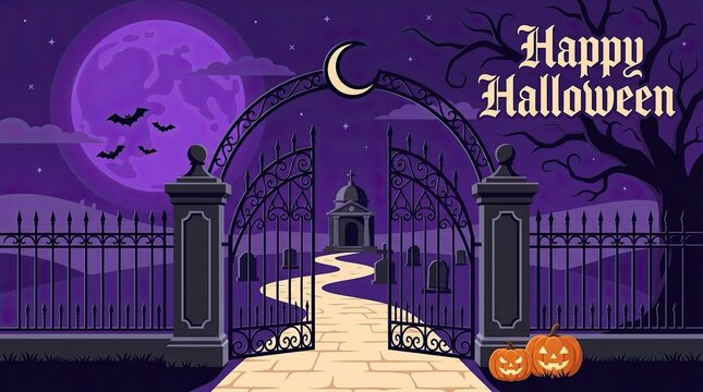 Spooky halloween night background featuring a graveyard gate with a full moon and jack o lanterns