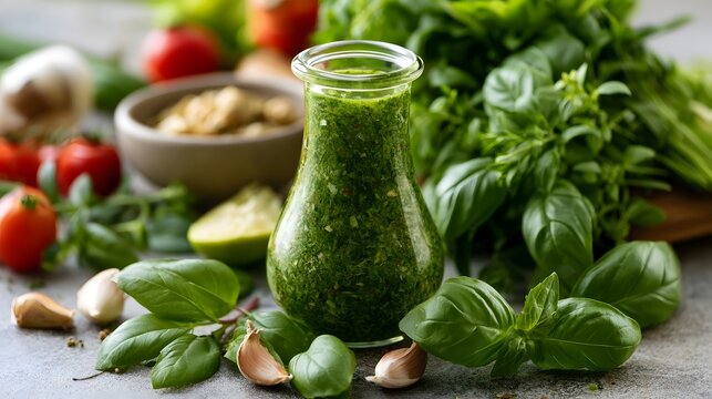 Fresh green herb sauce in glass bottle surrounded by basil  garlic  tomatoes  and lime for culinary use