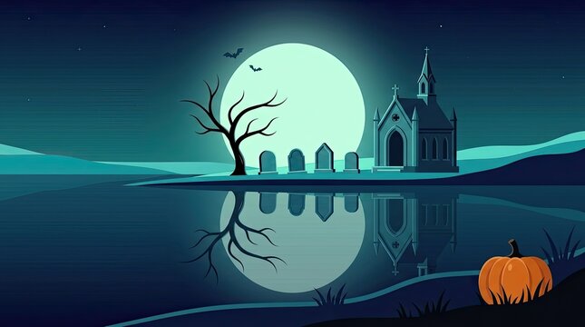 Spooky halloween night landscape featuring a haunted church graveyard and full moon reflected in a calm lake