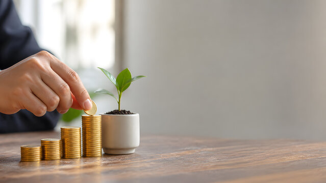Hand placing gold coin on top of growing stack beside small green plant sapling outdoors