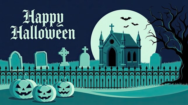 Happy halloween greeting card design with a spooky graveyard scene featuring pumpkins and a full moon
