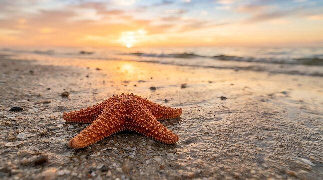 Single starfish on a sandy beach at sunset.