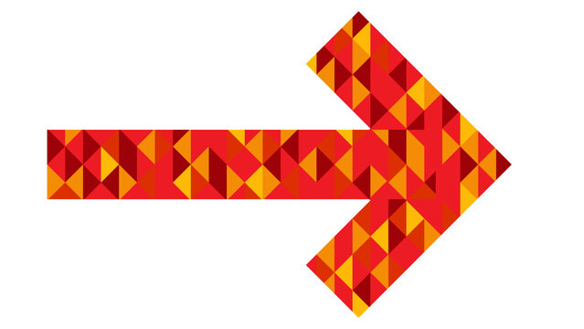 Red and orange geometric mosaic patterned directional arrow pointing right isolated on white background with mosaic pattern design element graphic art digital graphic web design direction