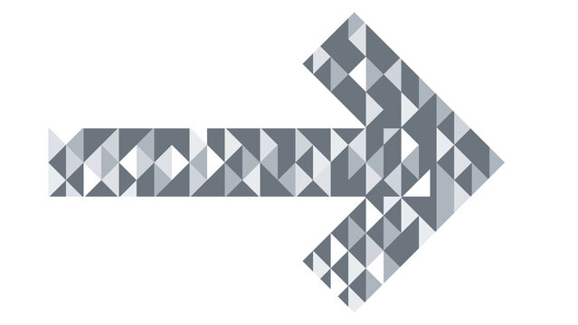 Grey and white geometric mosaic patterned directional arrow pointing right isolated on white background with silver arrow mosaic pattern design element graphic art digital graphic cool colors