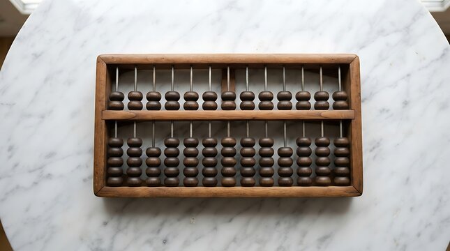 Vintage wooden abacus on white marble surface.