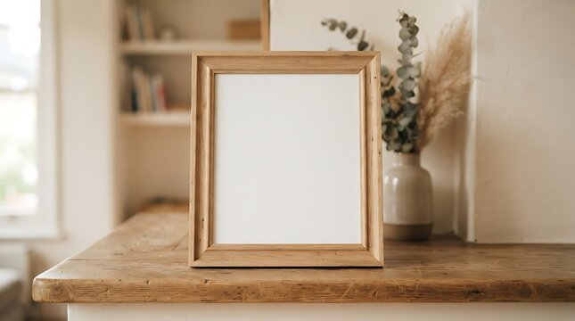 Empty wooden picture frame on a rustic table with decor.