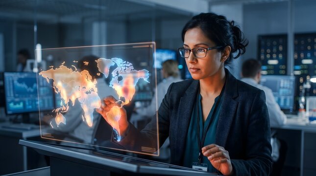 Focused professional woman interacts with a glowing holographic world map display while working inside a modern high tech control room