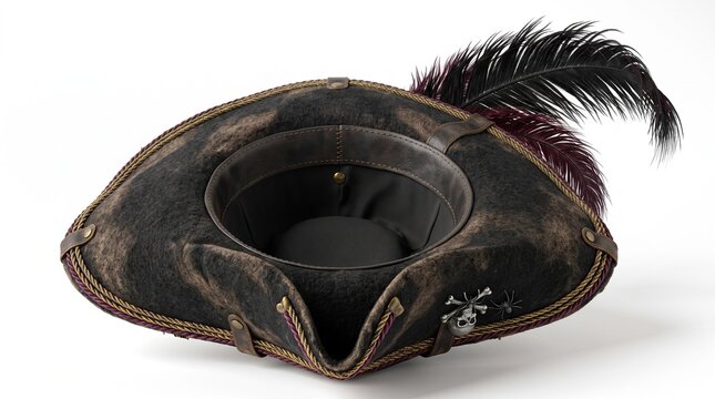 Detailed pirate hat with skull emblem and black feather on white background
