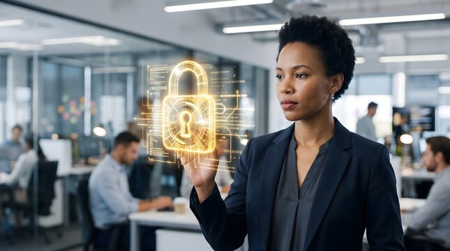 Professional black businesswoman interacts with glowing digital golden padlock security icon while standing inside modern corporate office space environment brightly