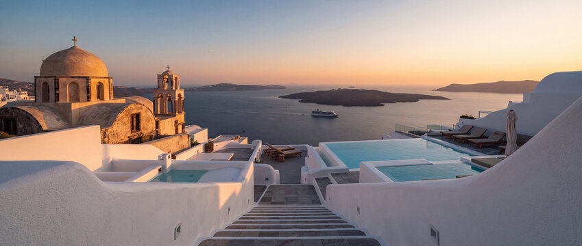 Santorini caldera sunset with luxury infinity pool, whitewashed Cycladic architecture, historic dome church, and scenic sea panorama for Mediterranean vacation and resort travel design
