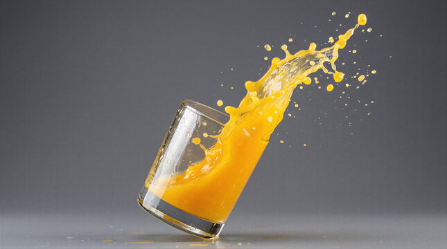 Glass tipping with orange juice splashing upward. Dynamic beverage movement and refreshing citrus drink concept for advertising, summer menu, breakfast, and product promotion.