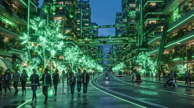 Futuristic eco city street at dusk with glowing neon green lights and pedestrians walking