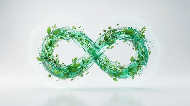 Infinity symbol made of swirling green water and vibrant green leaves on white background