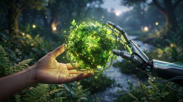 Human hand and robotic hand holding a glowing green plant sphere in a lush forest